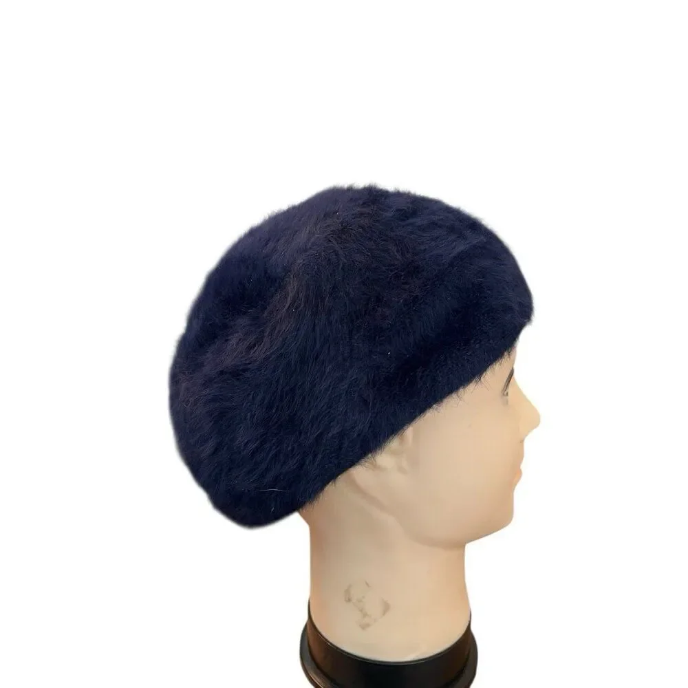 Womens Navy Blue Wool Angora Blend Beret Lined Fur Hat One Size